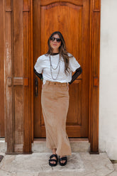 Falda Larga corduroy con bolsillos y abertura - Arena